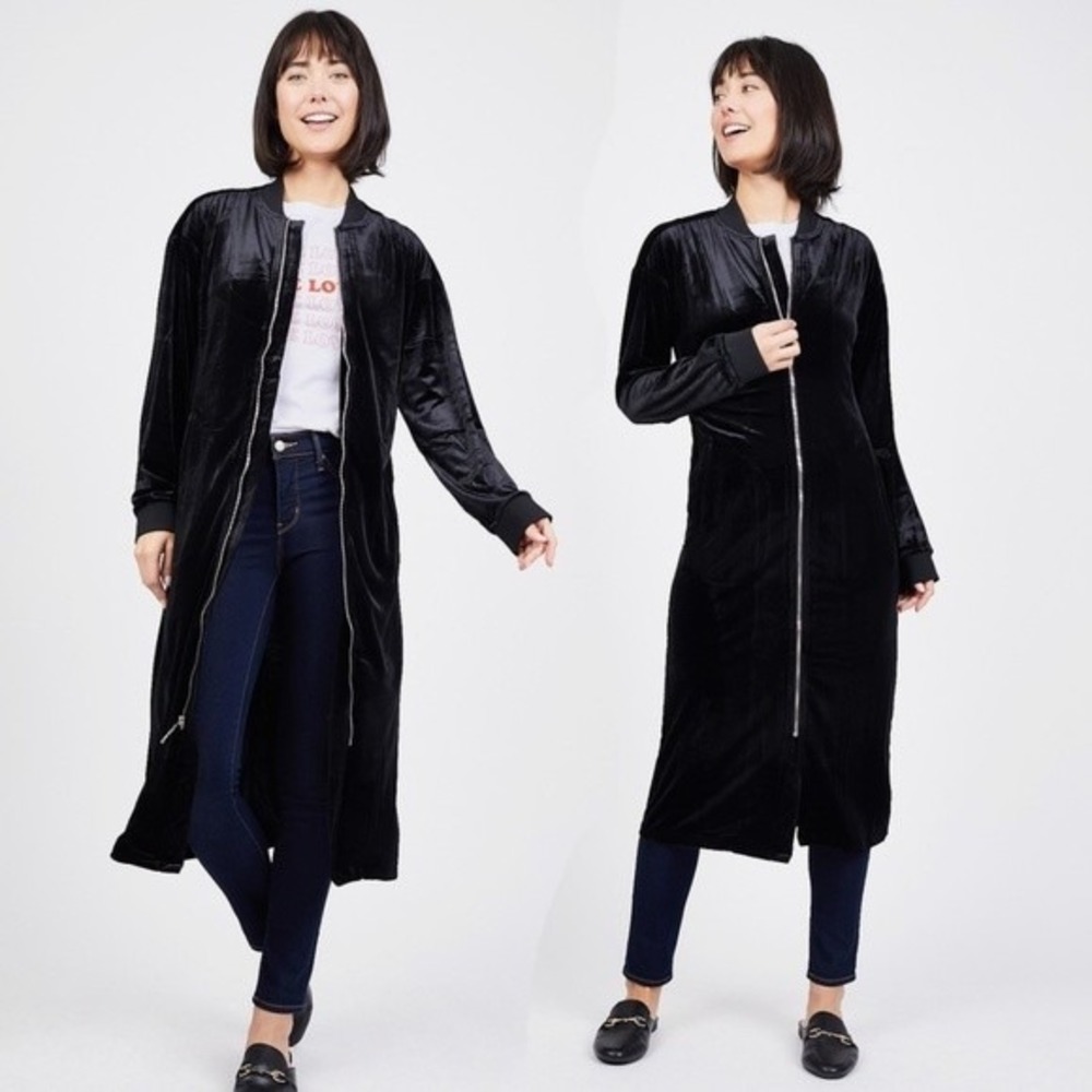 Juicy Couture Velvet Longline Bomber Jacket Duster Size Large Stretch Pockets - Picture 2 of 13